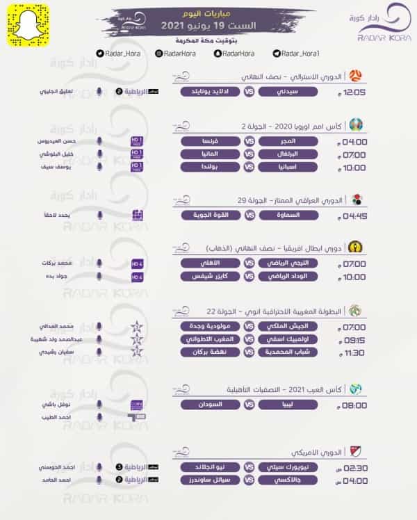 جدول مباريات اليوم السبت 19 يونيو 2021
