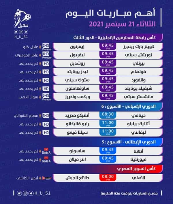 جدول مباريات اليوم الثلاثاء 21 سبتمبر