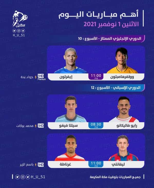 رياضة: مباريات اليوم الاثنين 1 نوفمبر 2021