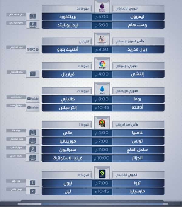 رياضة: مباريات اليوم الأحد 16 يناير 2022