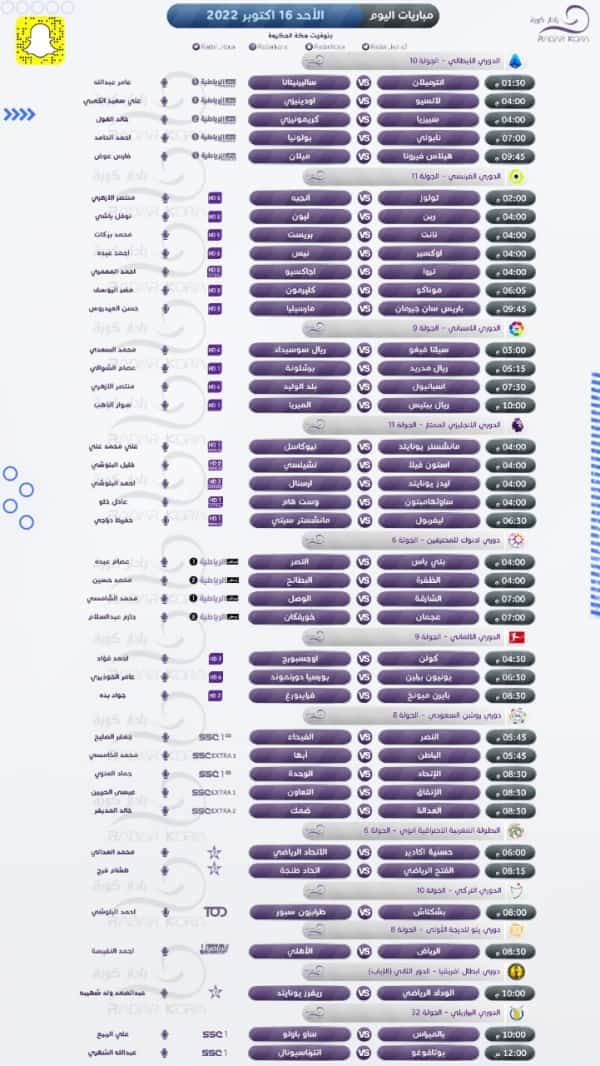 رياضة: مباريات اليوم الاحد 16 اكتوبر 2022
