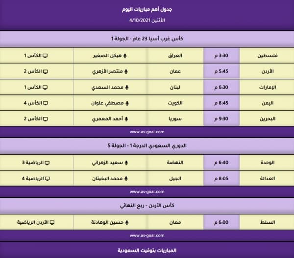 مباريات اليوم الاثنين 4 اكتوبر 2021