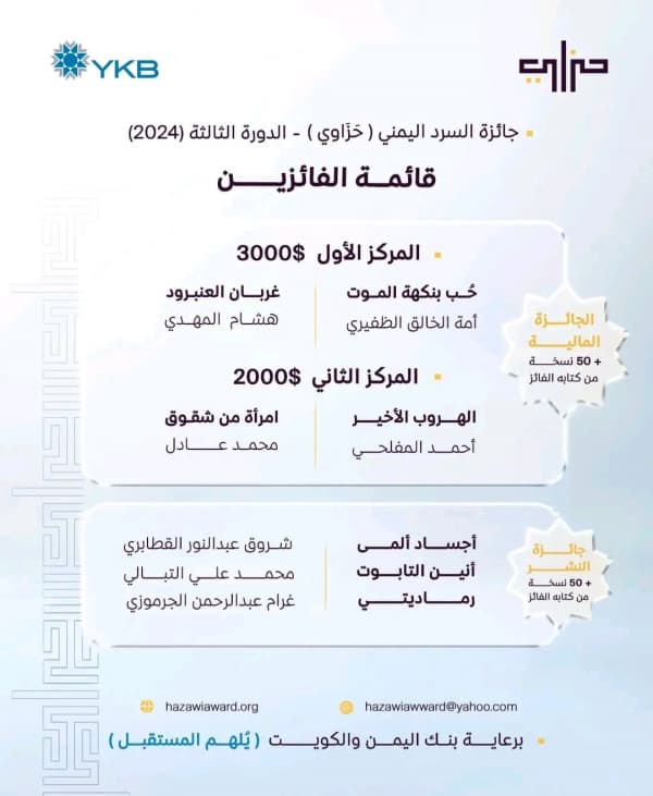 3 نساء ضمن الفائزين بجائزة السرد اليمني"حزَاوِي" في دورتها الثالثة